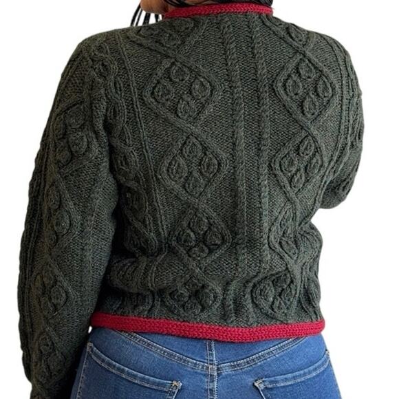 Lands’ End Vintage Shetland Wool Cardigan Green Pink Trim Cable Knit Jacket L - Picture 2 of 7